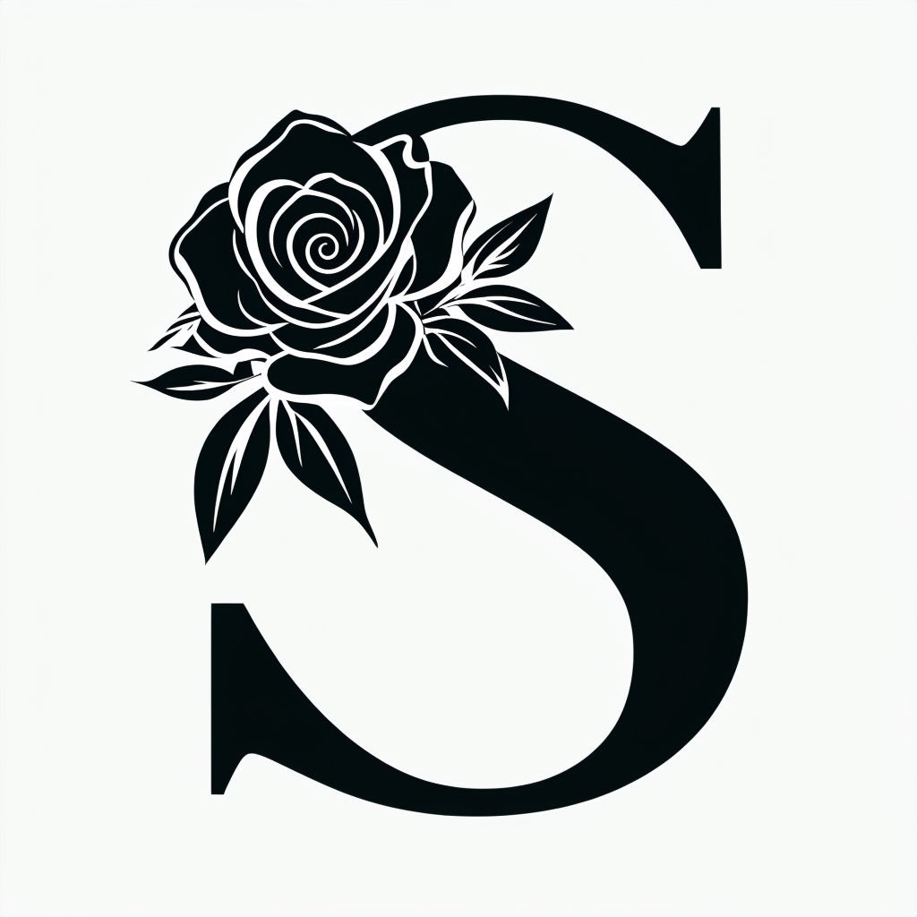 Elegant Minimalist Black 'S' with Rose Graphic Design Monogram