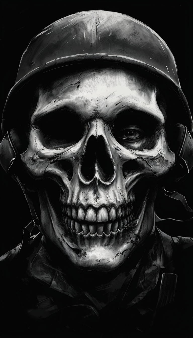 Sinister Skull Mask Illustration with Military Helmet Art