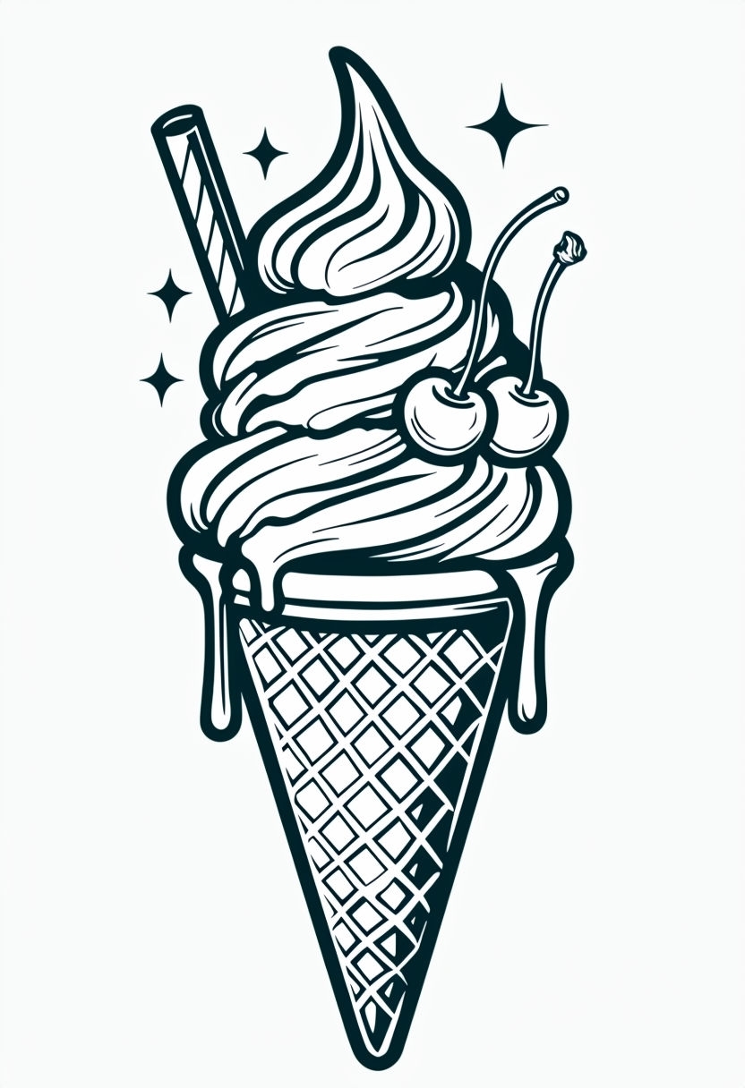 Whimsical Black and White Ice Cream Cone Coloring Page