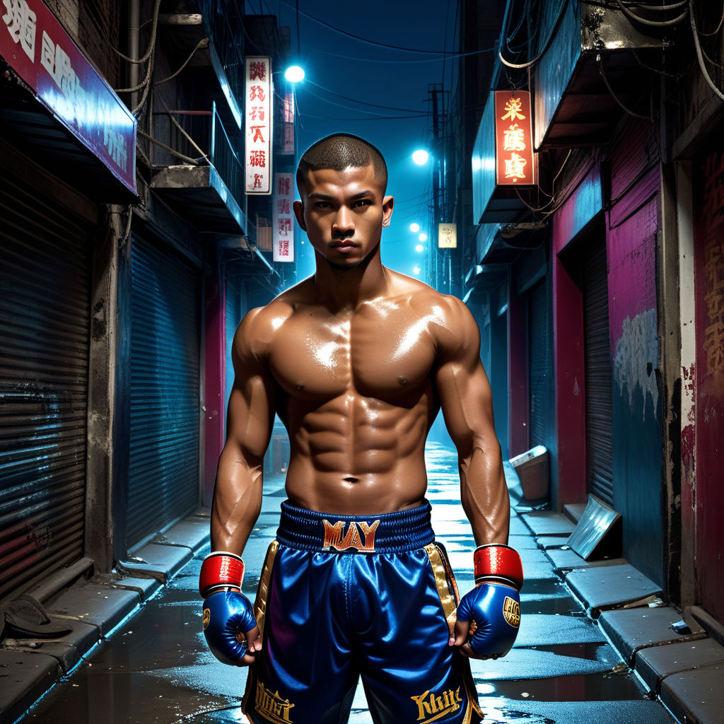 A tanned Asian male Muay Thai fighter with abs