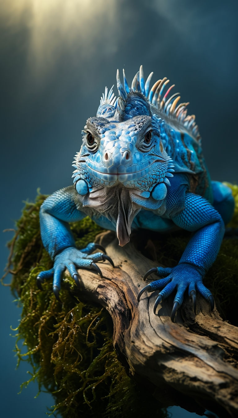 Vibrant Blue Iguana Close-Up Photography on Mossy Driftwood Art