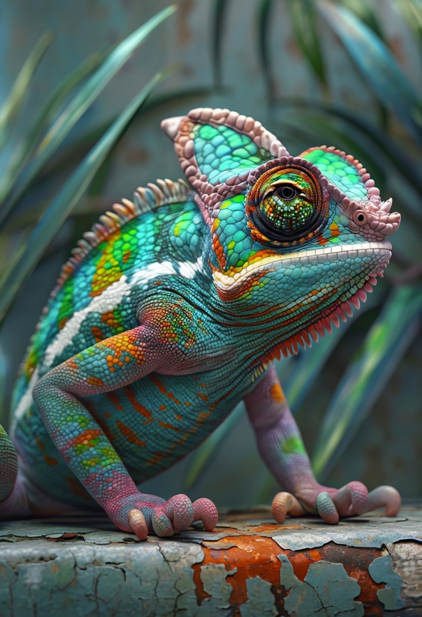 Vibrant Photorealistic Chameleon on Cracked Surface Art