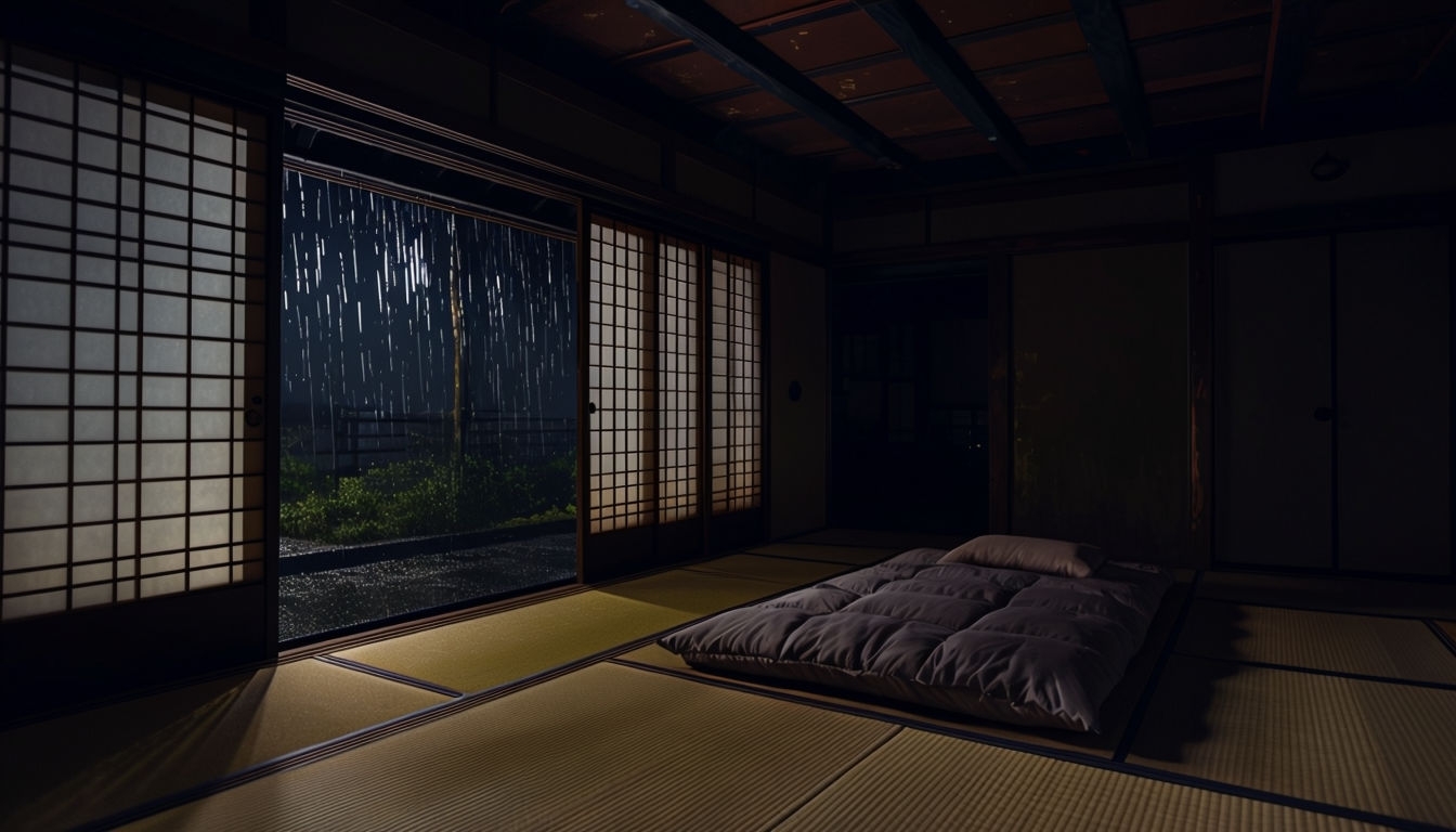 Traditional Japanese Tatami Room Interior at Night Virtual Backgrounds