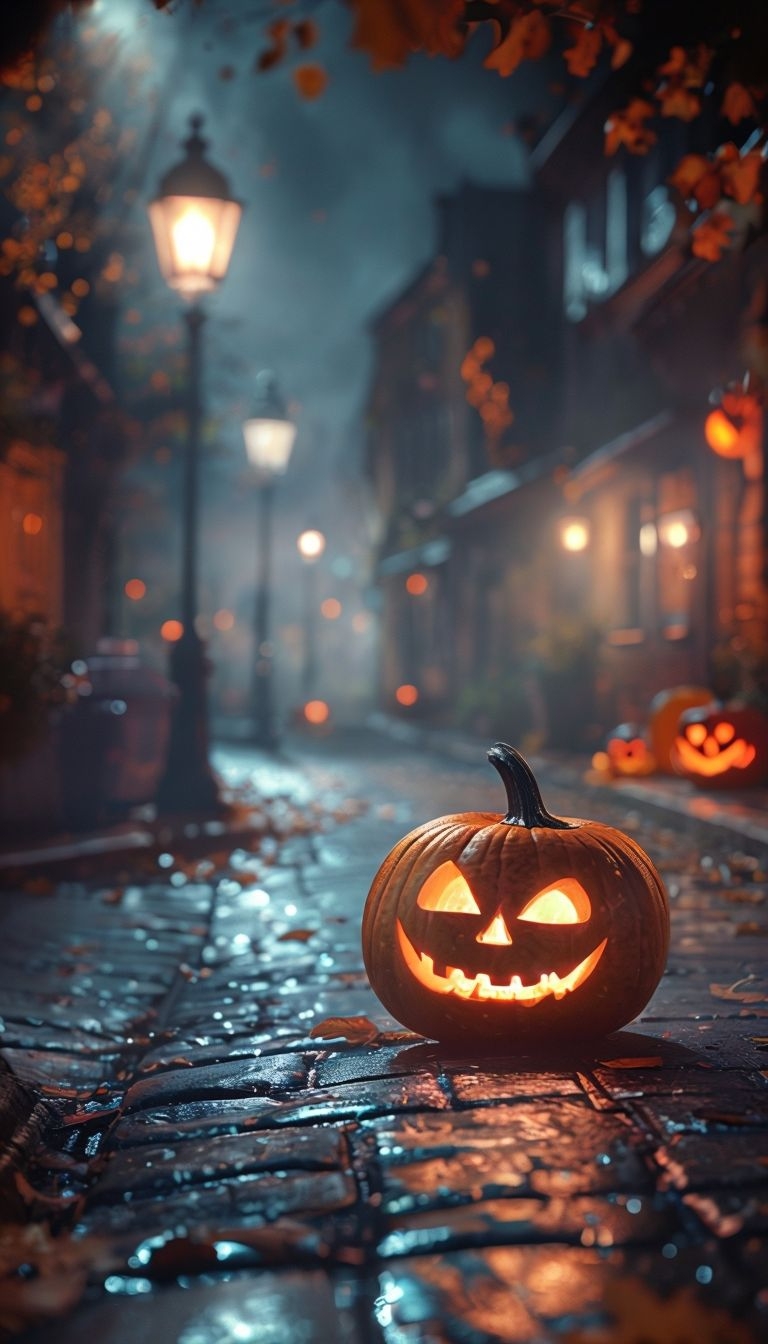 Eerie Halloween Night with Jack-o'-Lanterns on Cobblestone Street Mobile Wallpaper