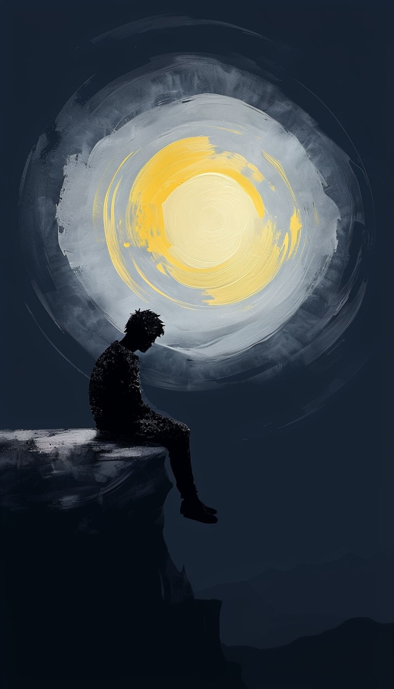 Contemplative Silhouette on Dark Cliff with Ethereal Glow Mobile Wallpaper
