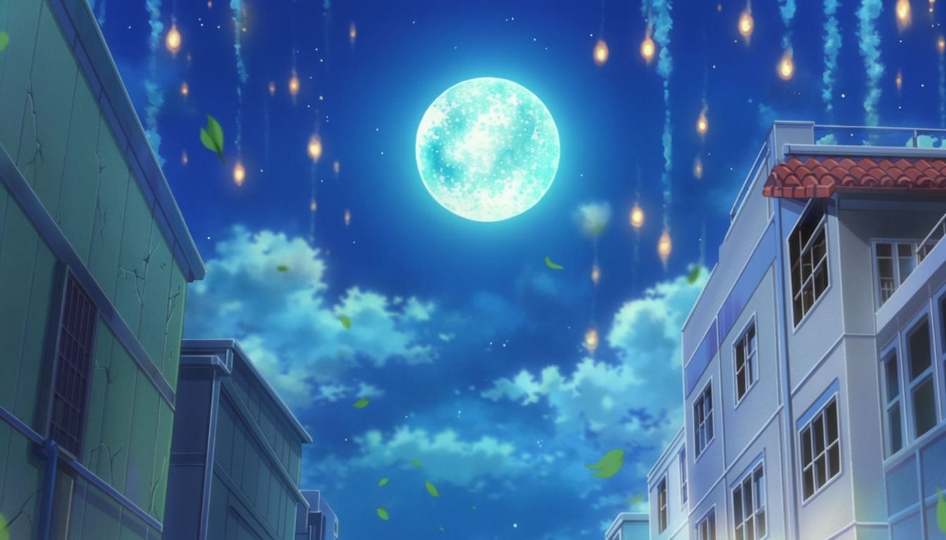 Tranquil Anime Nighttime Urban Scene with Moonlit Atmosphere Virtual Backgrounds