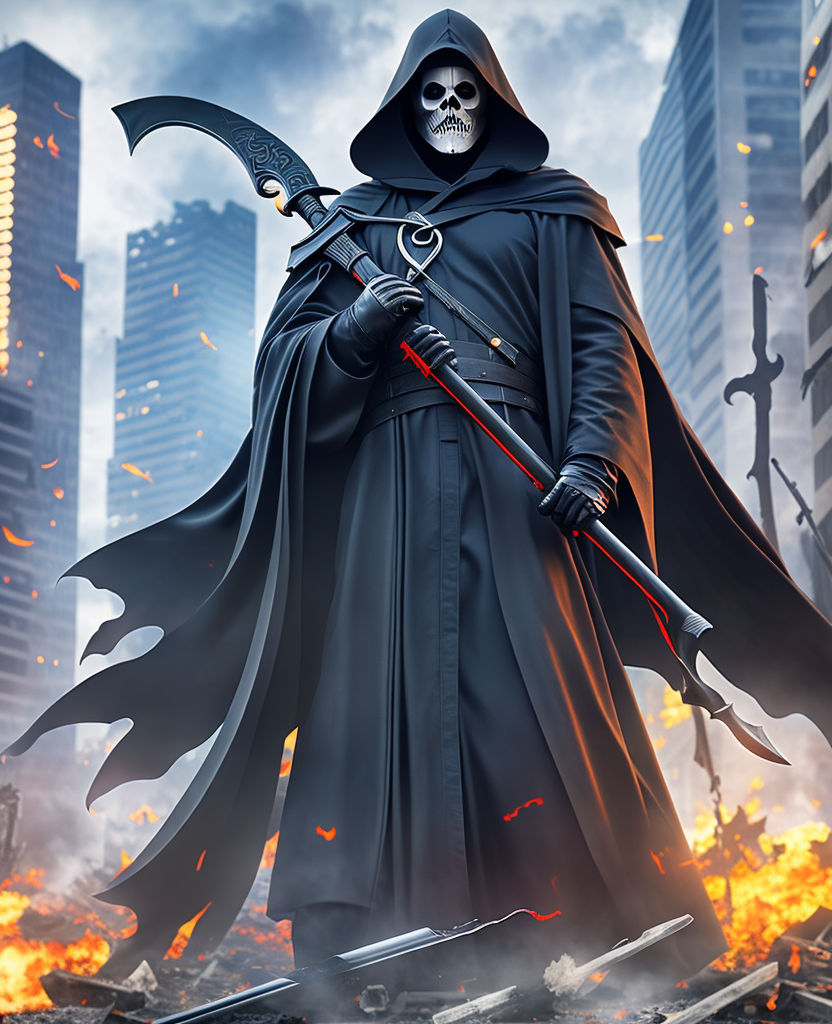 Grim reaper anime style drawn with a black full body armor flying down into  apocalypse