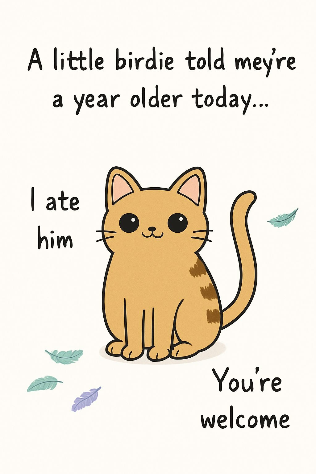 Adorable Cartoon Cat Illustration with Whimsical Feathers Card