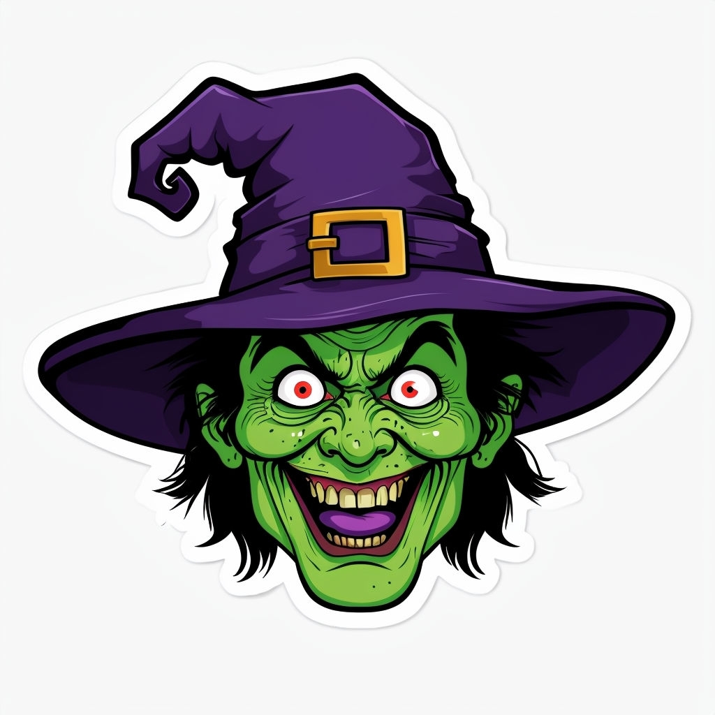 Mad Crazy Green Witch Face Cartoon Illustration Sticker