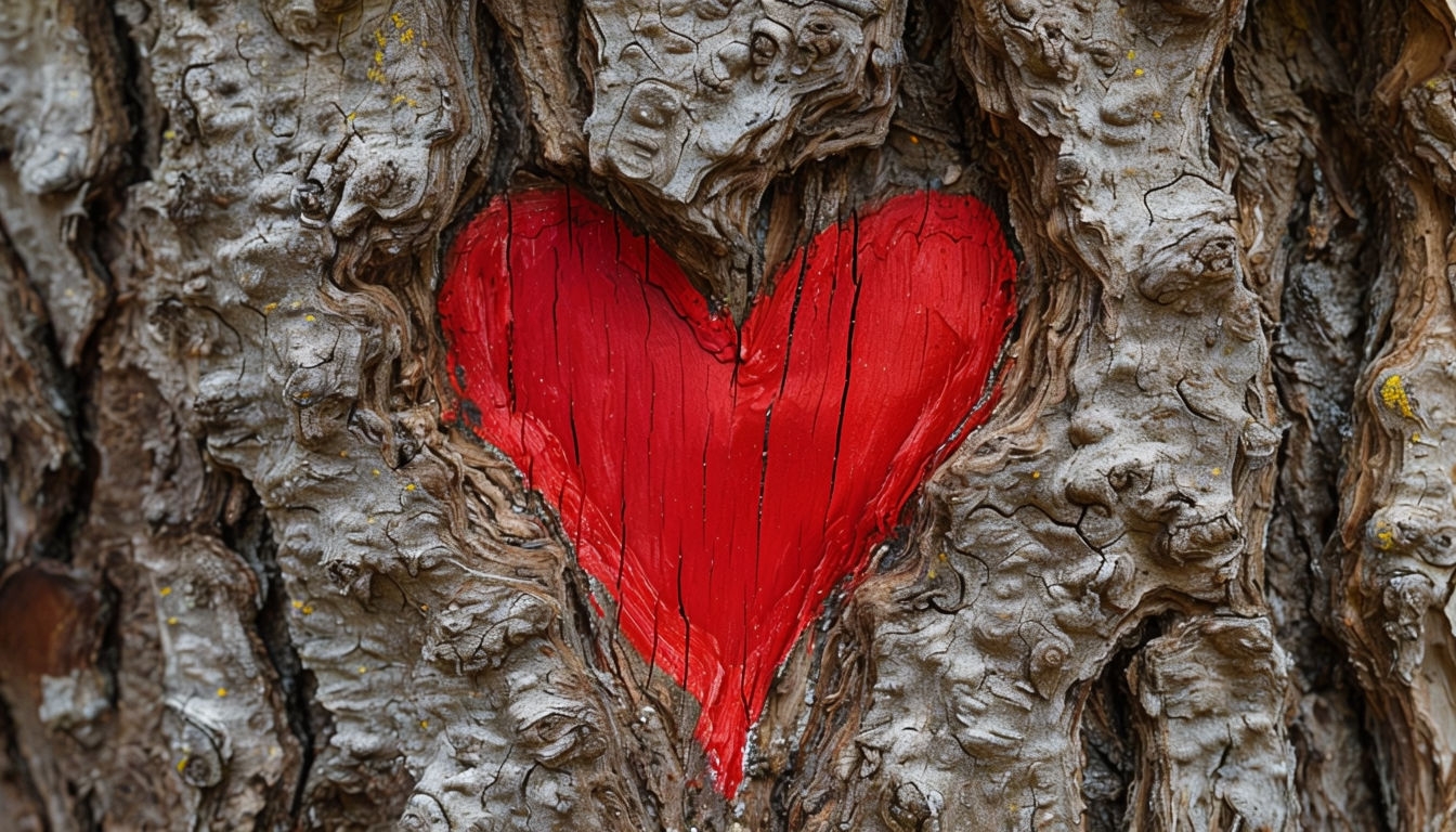 Vivid Heart-Shaped Cutout on Textured Tree Bark Virtual Backgrounds