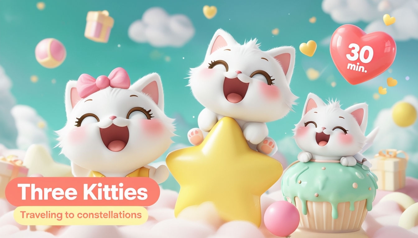 Cheerful Cartoon Three Kitties in Whimsical Adventure Poster