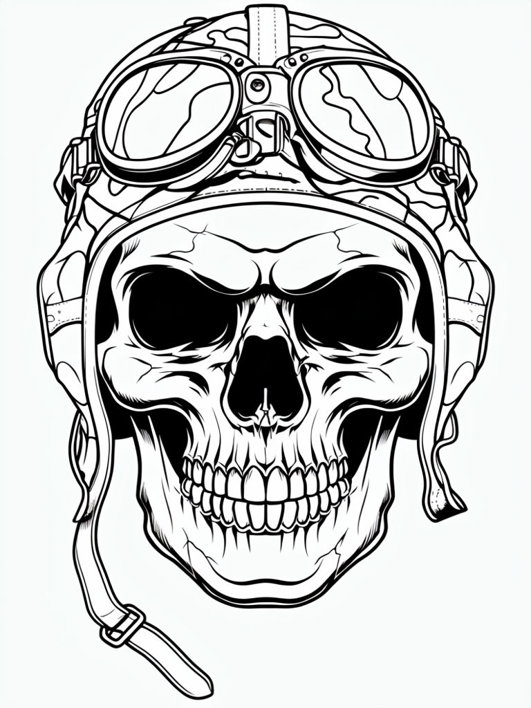 Detailed Skull with Vintage Pilot Helmet Coloring Page Illustration