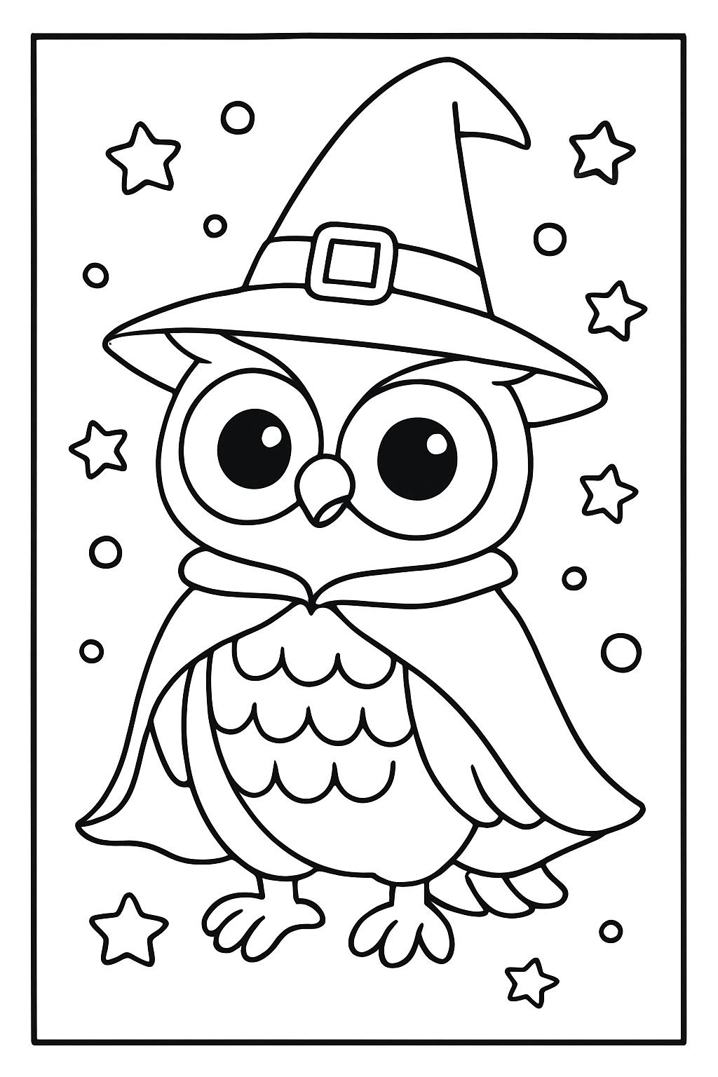 Whimsical Cartoon Halloween Owl Line Drawing for Coloring Book Pages