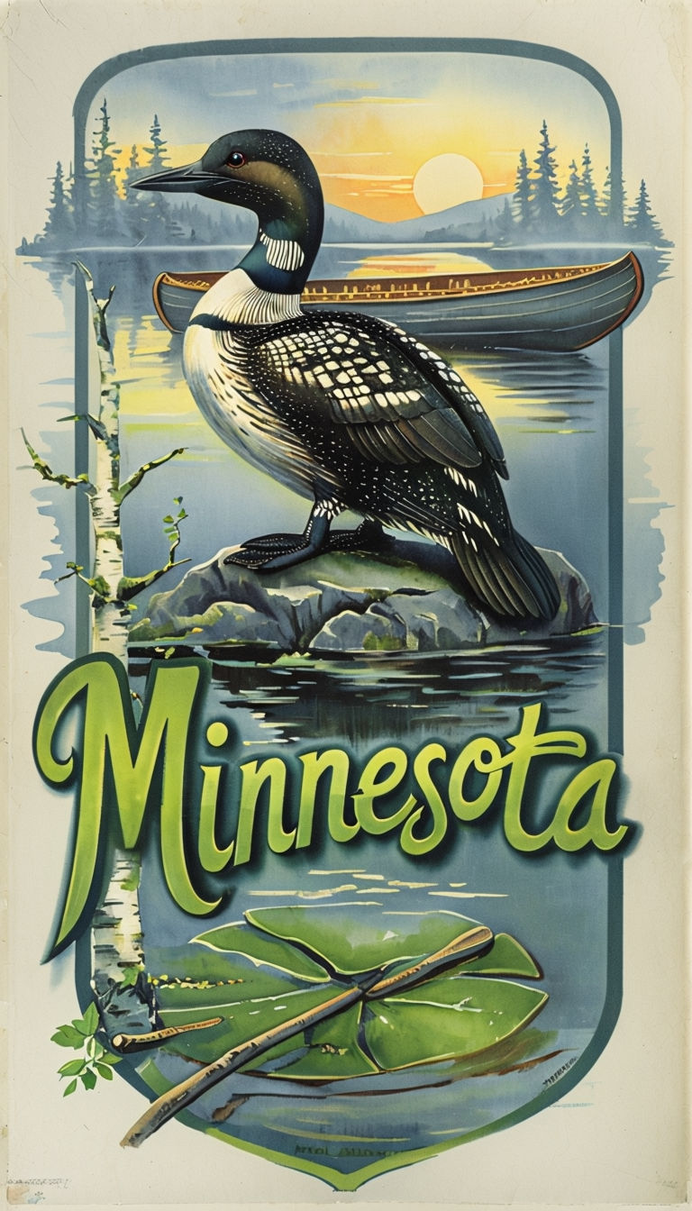 Charming Vintage Minnesota Travel Poster Featuring Loon and Canoe