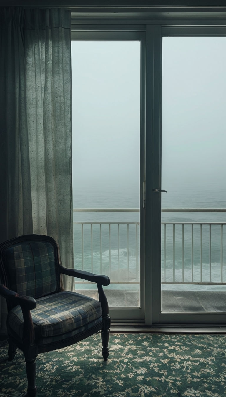Foggy Ocean View Through Glass Door with Cozy Interior Mobile Wallpaper