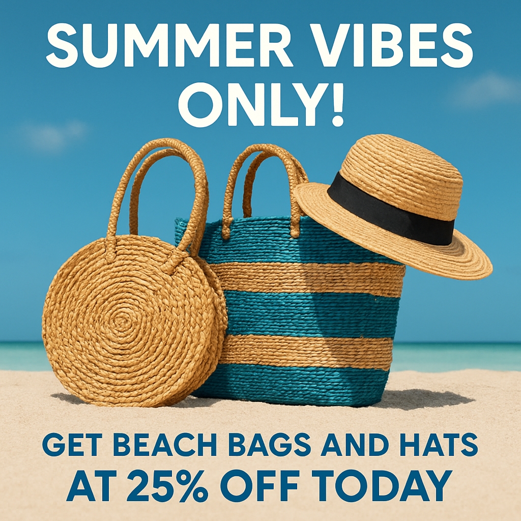 Summer Vibes Only Beach Bag and Hat Promotion Social Media Post