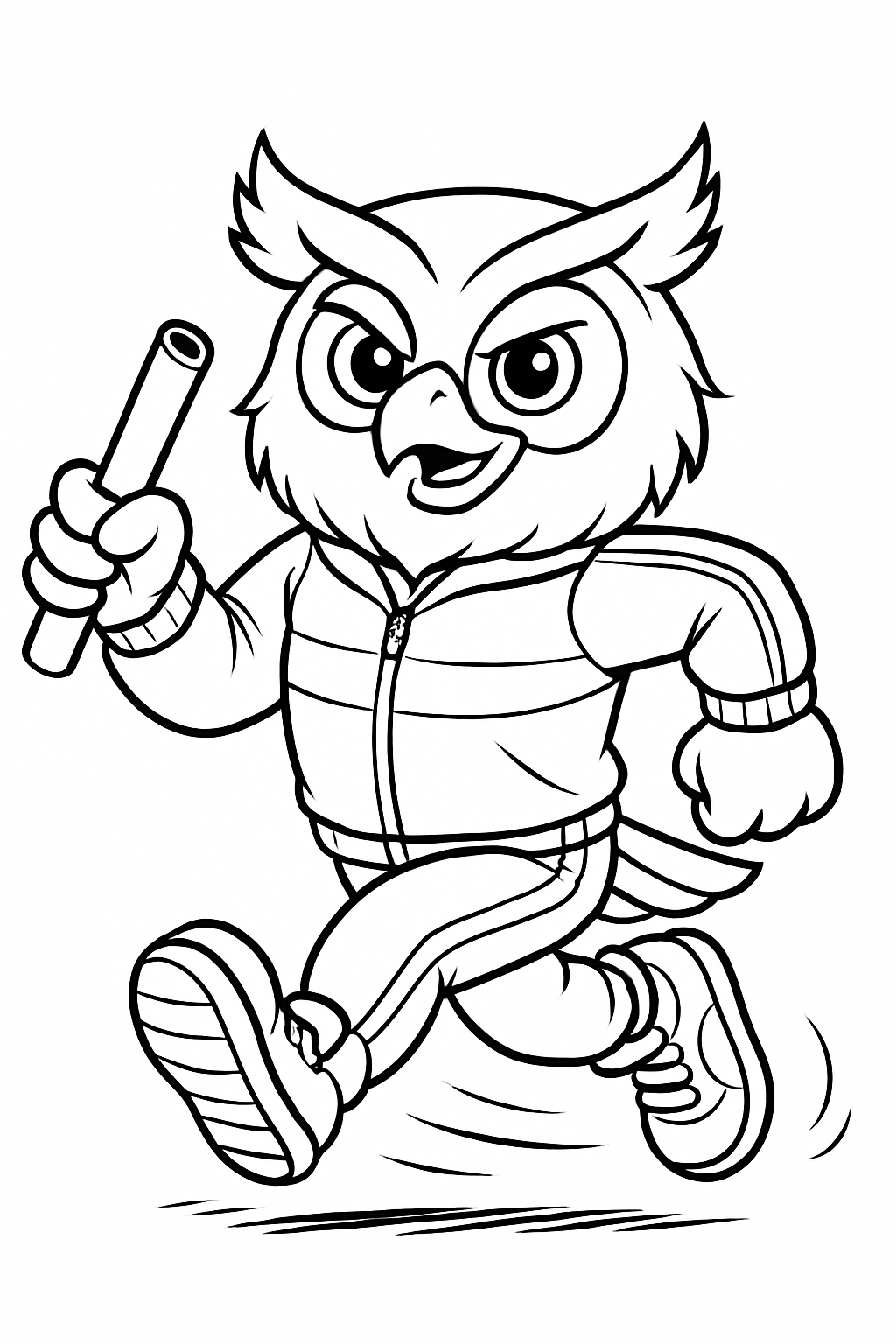Energetic Cartoon Owl in Tracksuit Running Illustration Coloring Book Pages