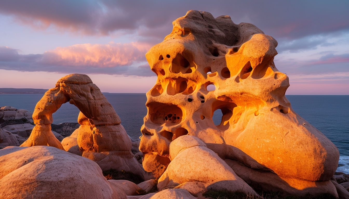 Majestic Sunset Over Weathered Sandstone Coastal Landscape Background