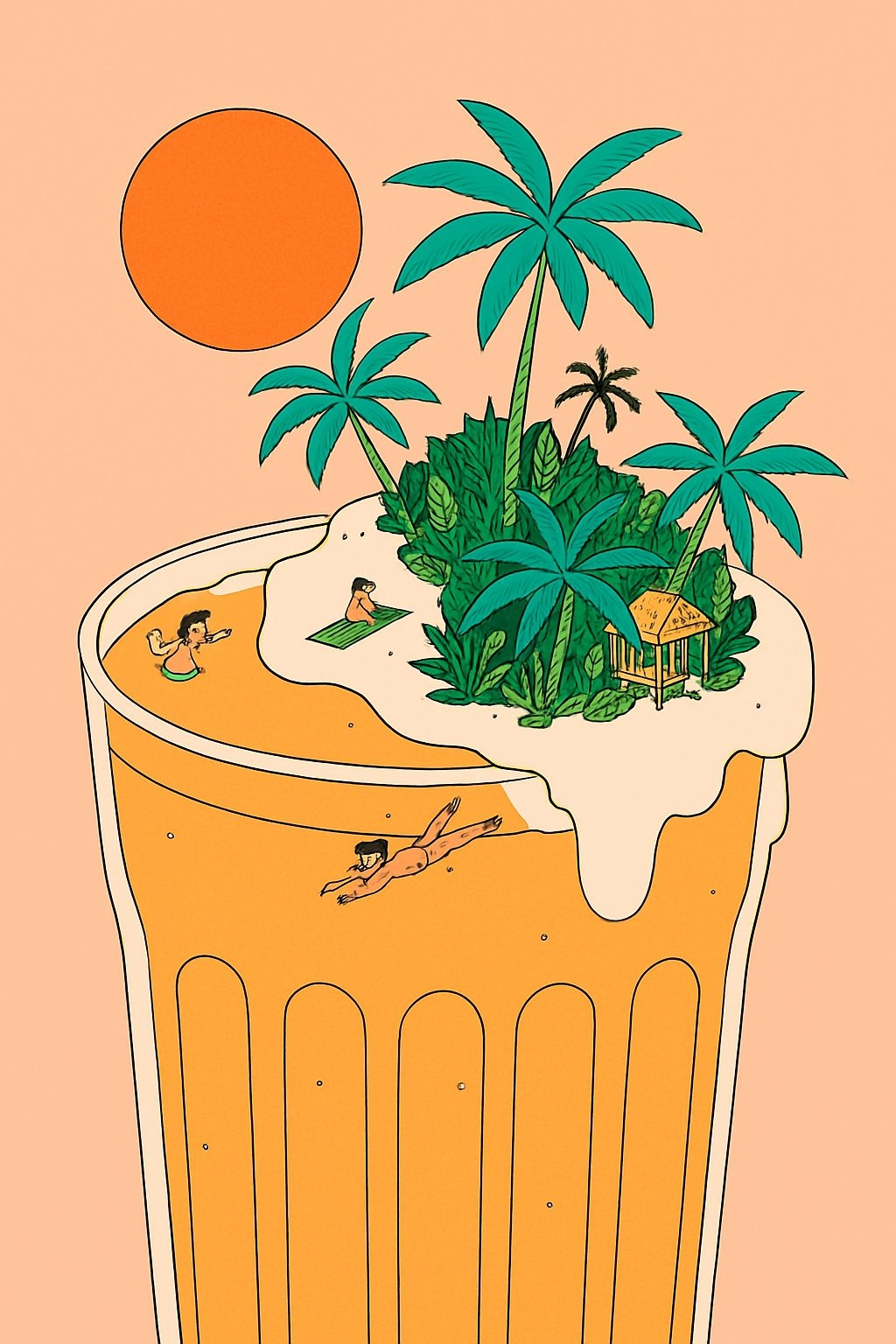 Whimsical Tropical Island Cocktail Cartoon T-Shirt
