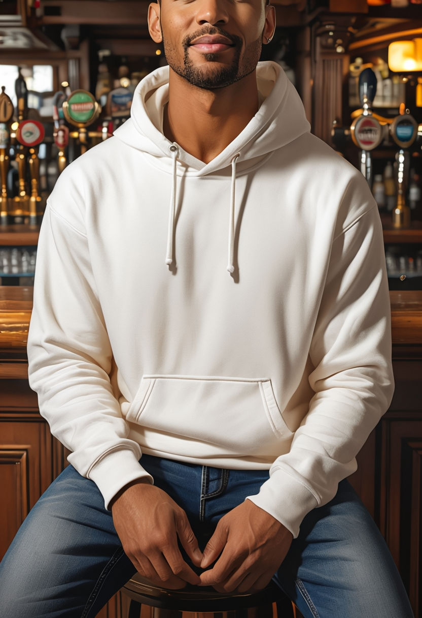 Casual Men's White Hoodie Sweatshirt Mockup in Bar Setting