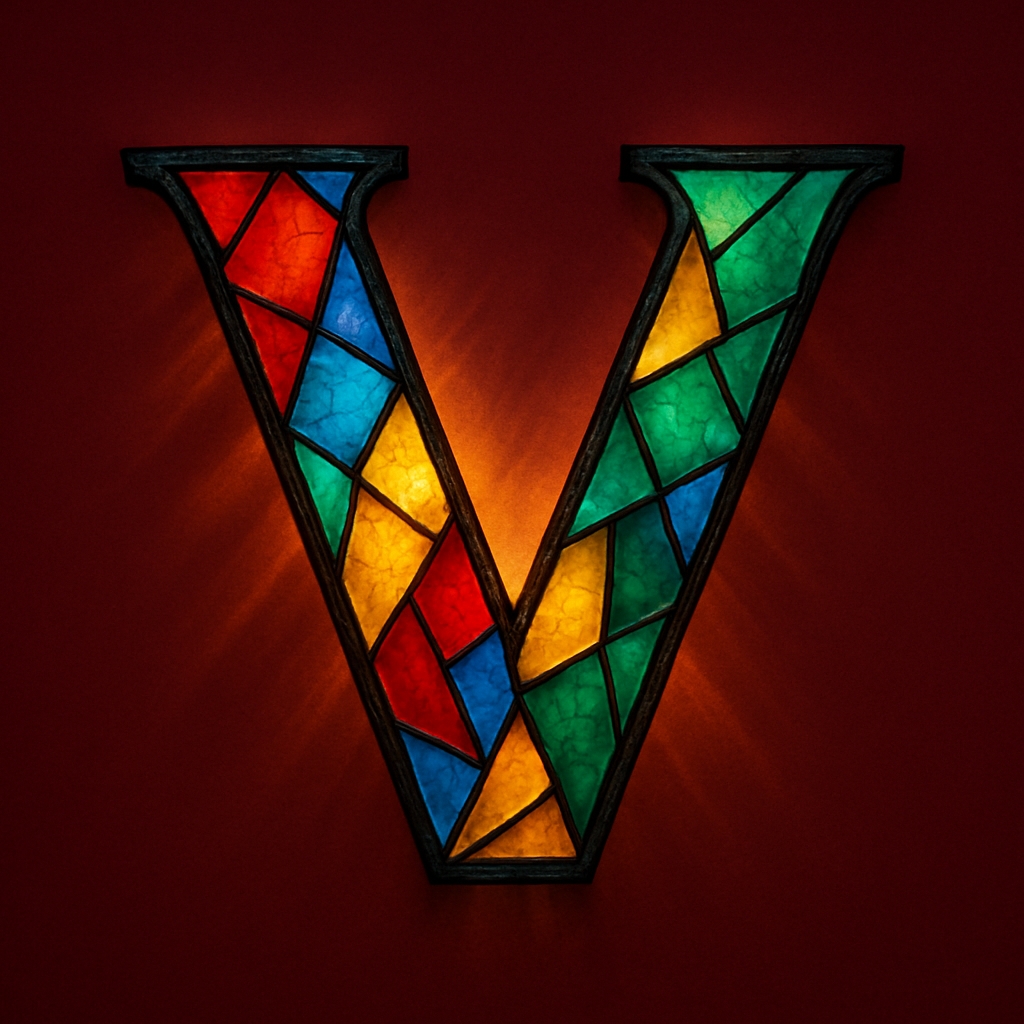 Colorful Stained Glass Letter V on Dark Red Background Monogram