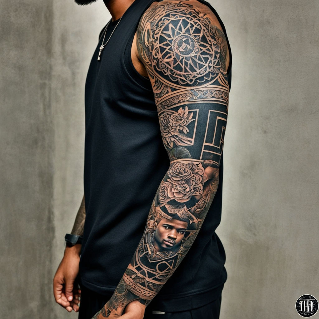 Bryson Tiller arm sleeve tattoo featuring intricate ink desi... by