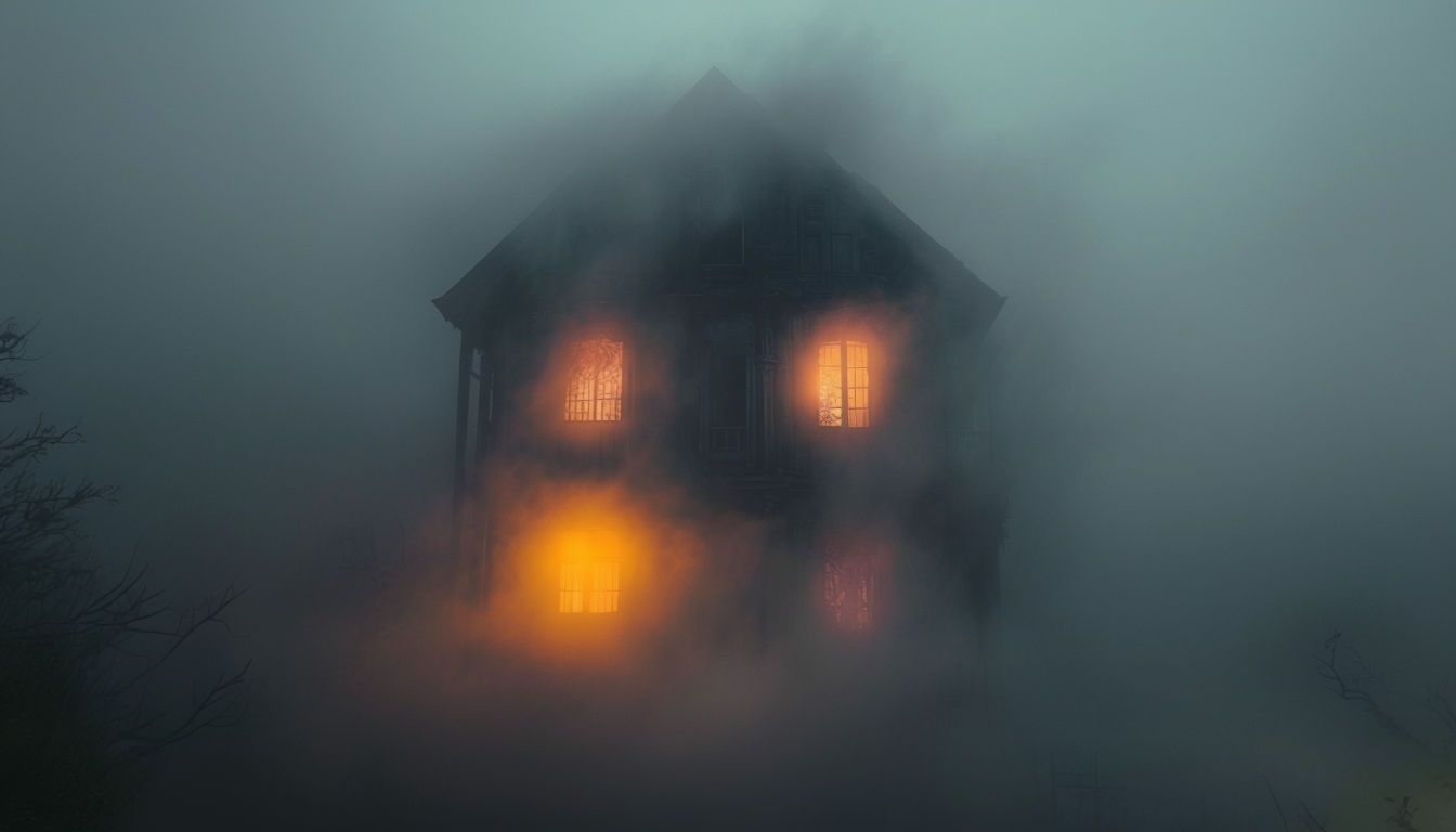 Mysterious Haunted House in Foggy Night Background Art