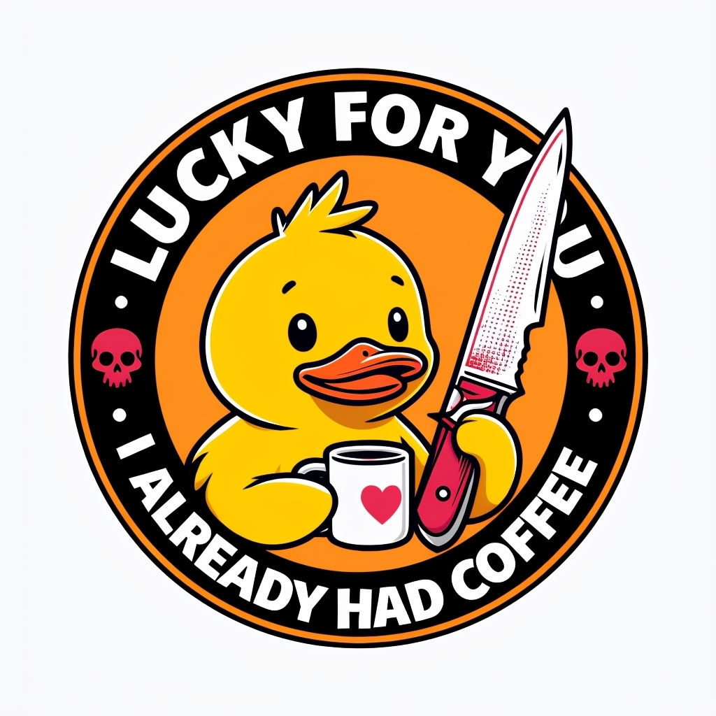 Whimsical Cartoon Duck with Coffee Mug and Knife Sticker