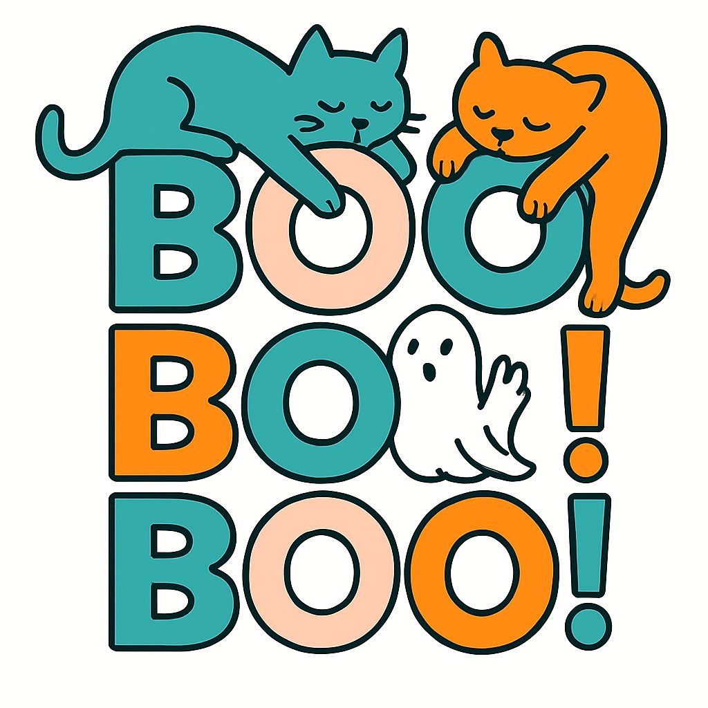 Playful Cats and Ghost 'BOO!' Cartoon Sticker for Halloween