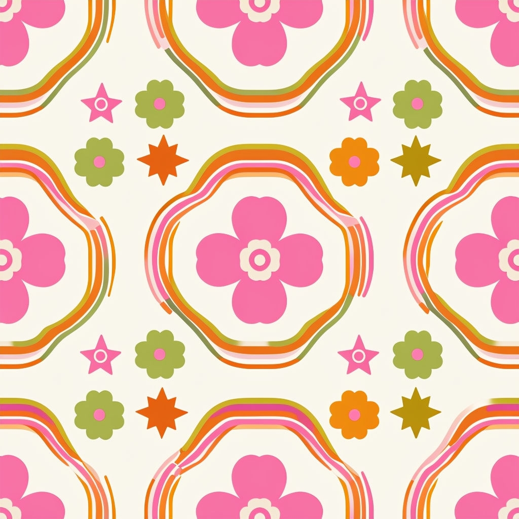 Retro-Inspired Floral and Star Pattern on Cream Background Seamless Pattern