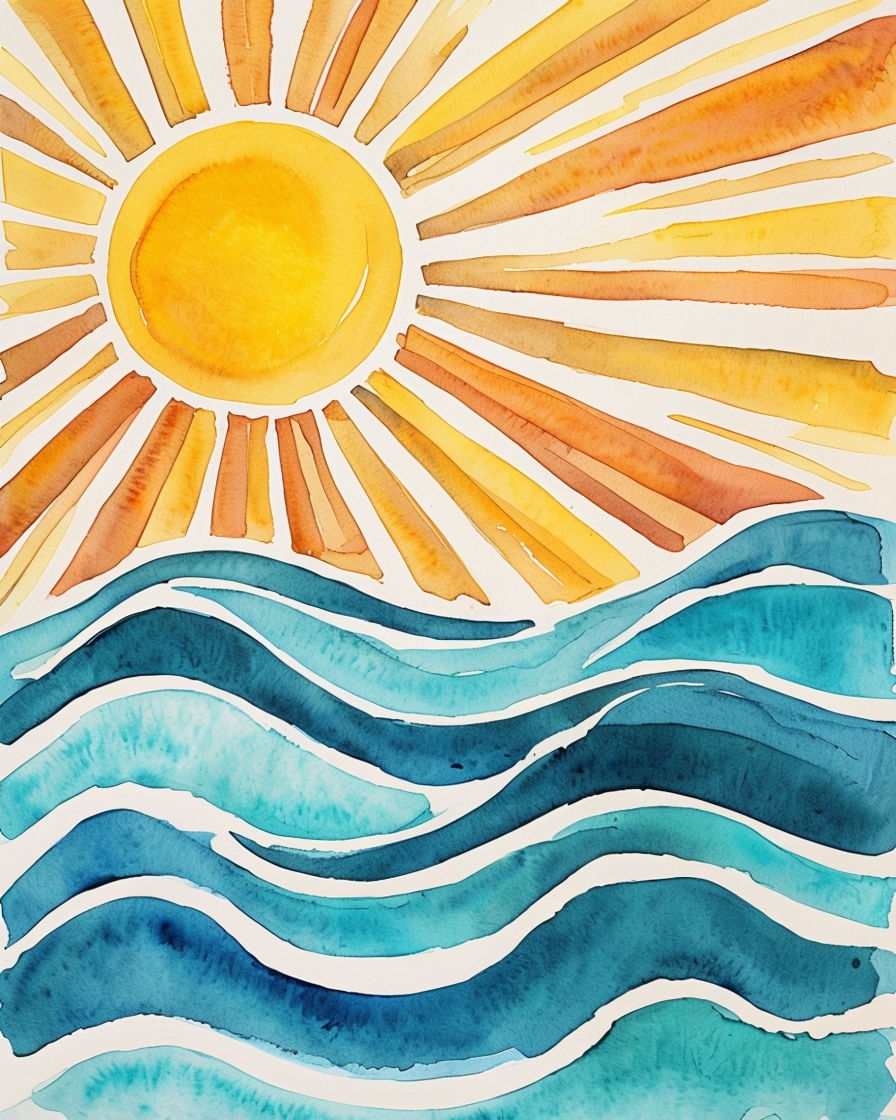 Vibrant Watercolor Sun and Ocean Scene Art Poster