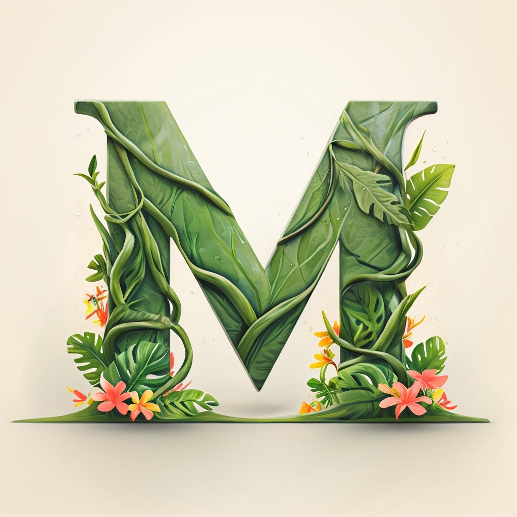 Tropical Botanical M Monogram Design with Green Vines and Leaves Monogram