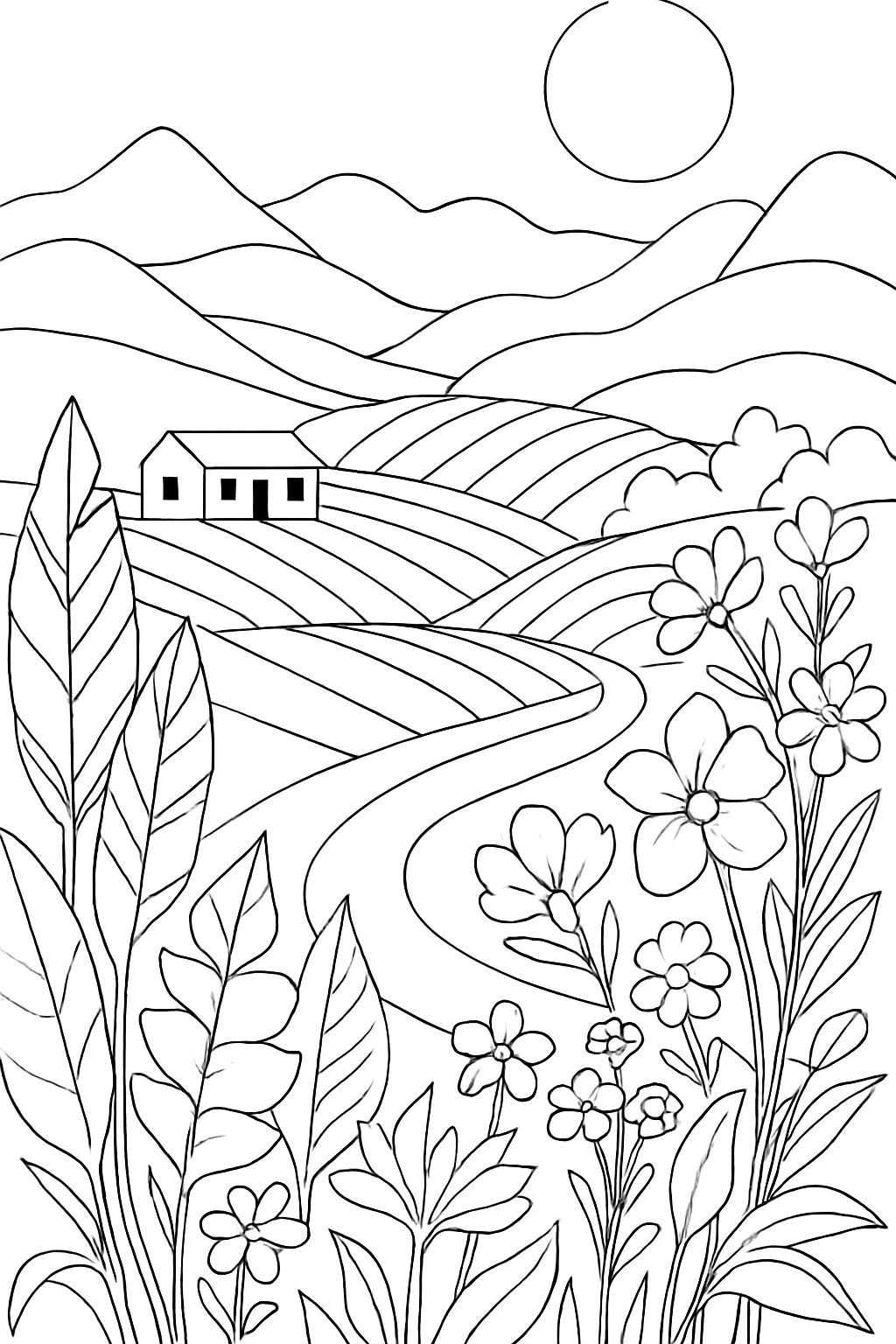 Serene Countryside Landscape Line Drawing for Relaxation Coloring Book Pages