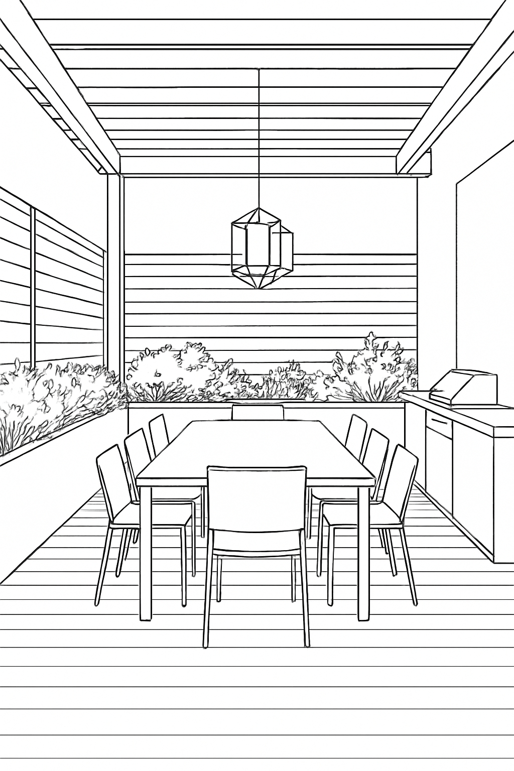 Modern Minimalist Outdoor Dining Area Line Drawing Coloring Book Pages
