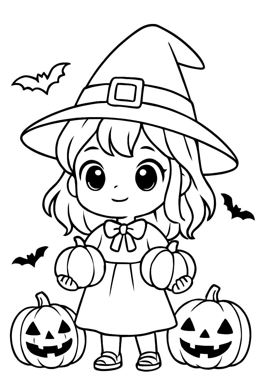 Cute Witch Girl with Pumpkins and Bats Halloween Coloring Page