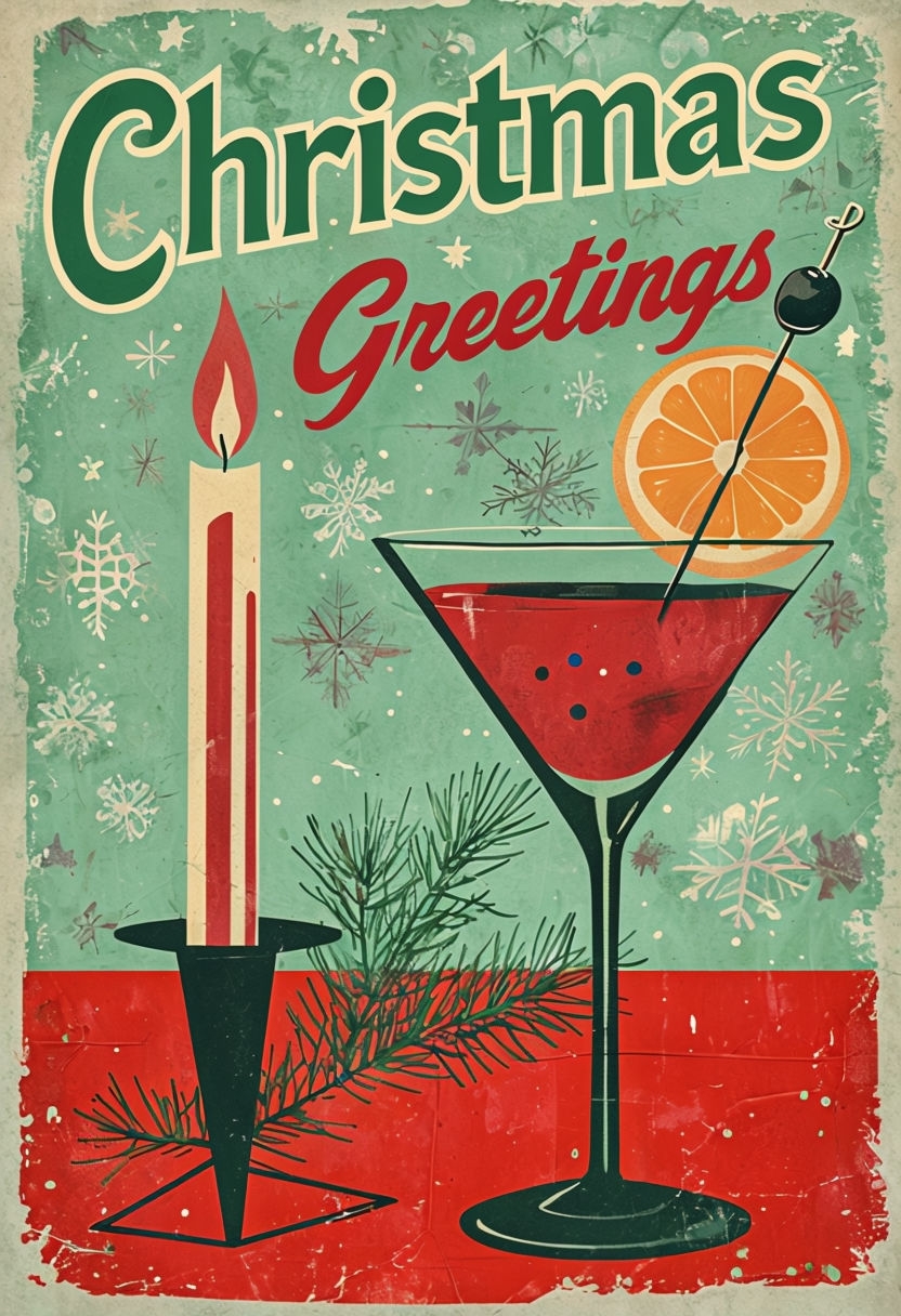 Vintage Christmas Greetings Poster with Candle and Martini Glass