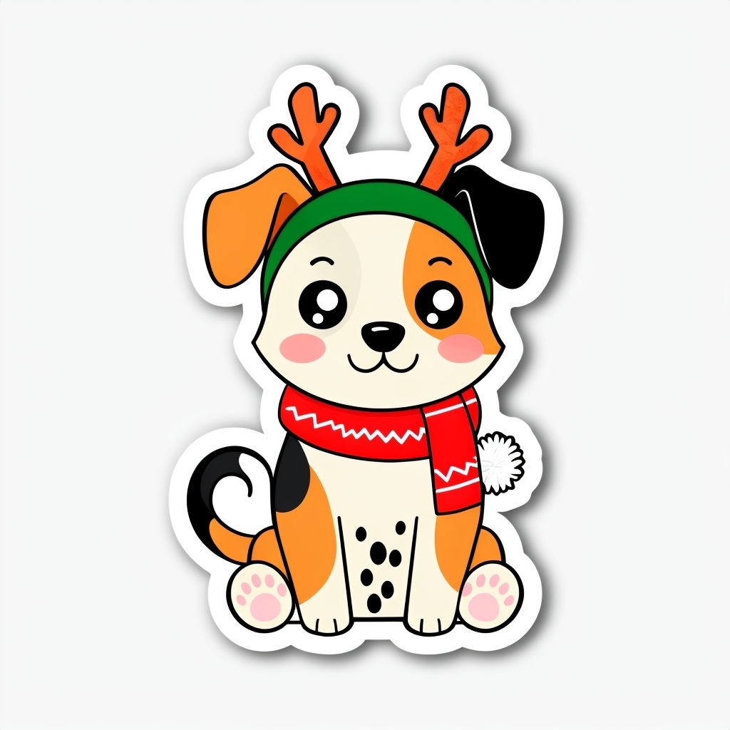 Festive Cartoon Dog with Reindeer Antlers Sticker