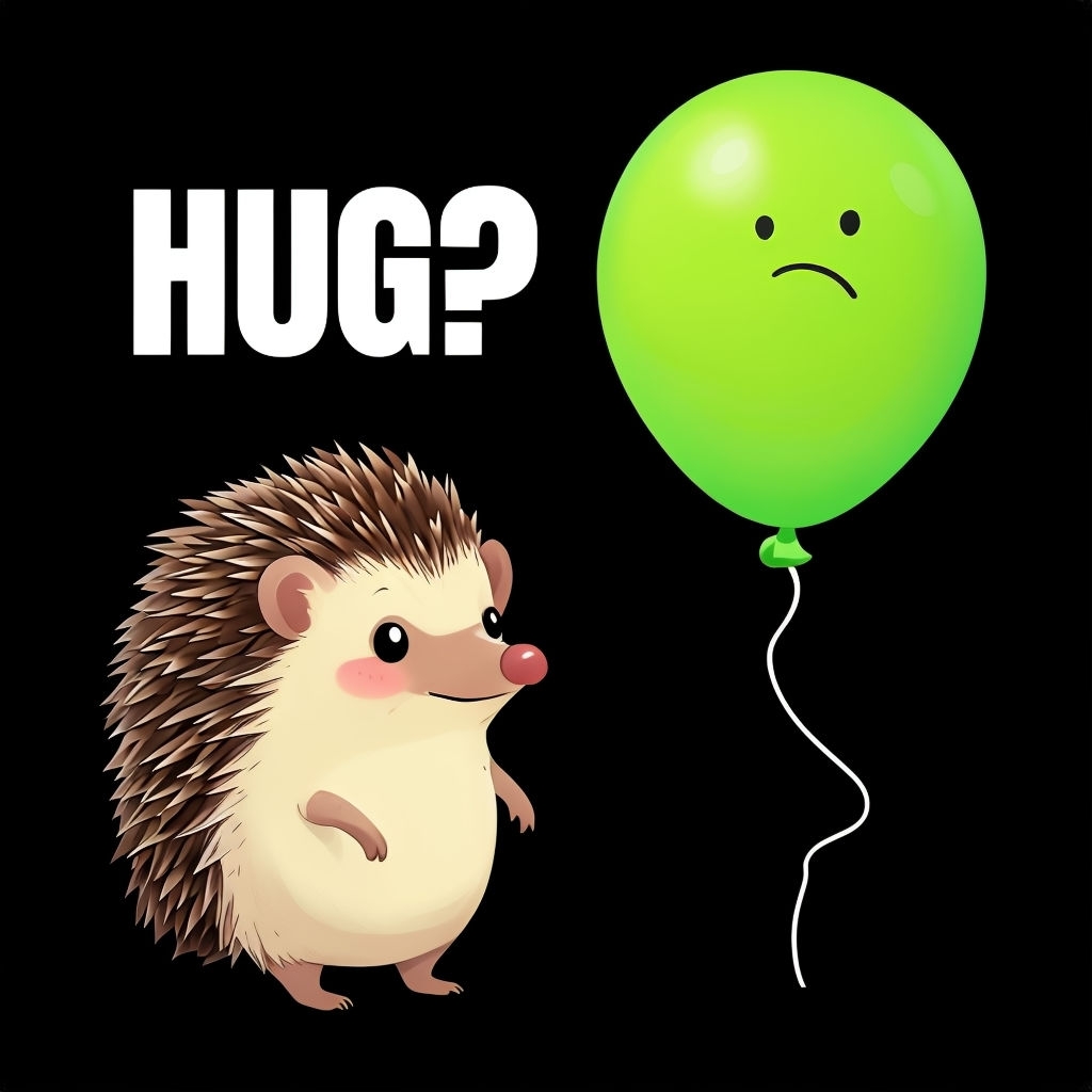 Cute Hedgehog with Green Balloon 'Hug?' and 'No!' T-Shirt