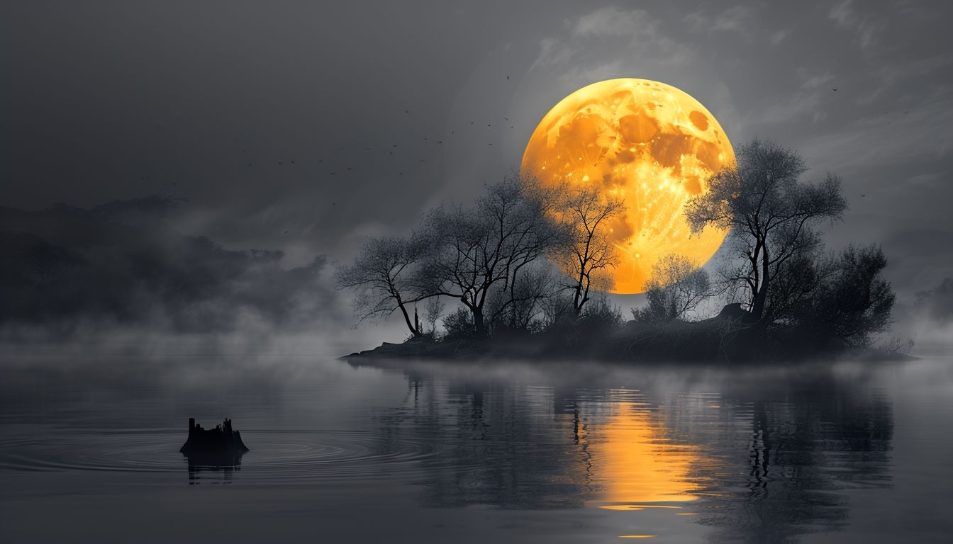 Serene Surreal Nighttime Landscape with Amber Moon Virtual Background