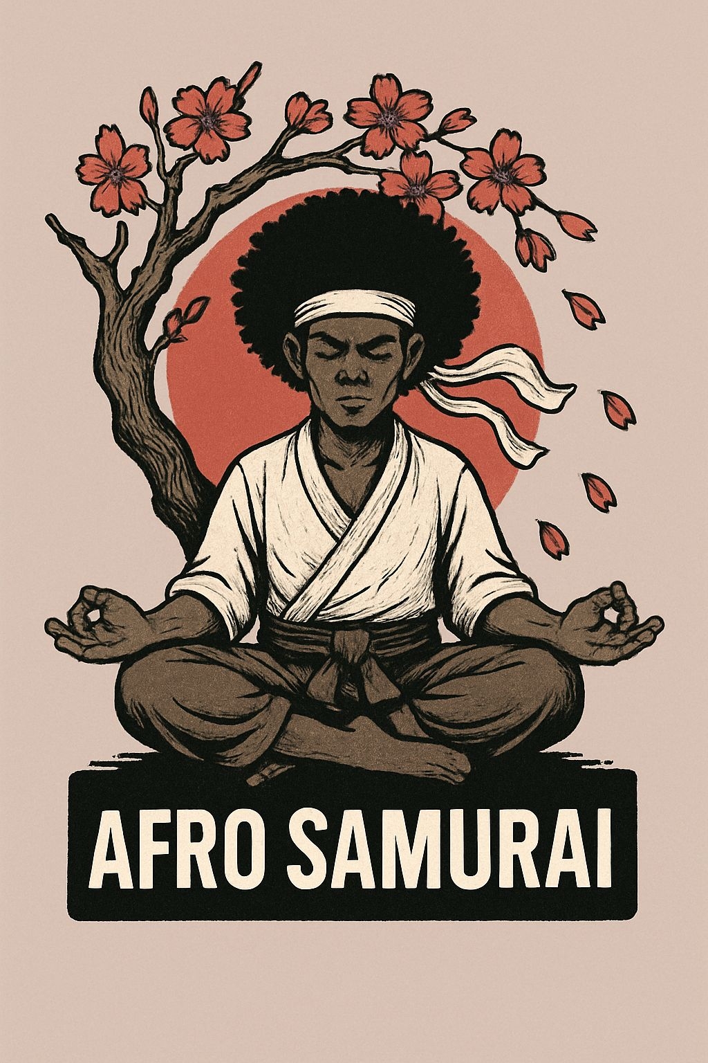 Afro Samurai Meditating with Cherry Blossoms T-Shirt