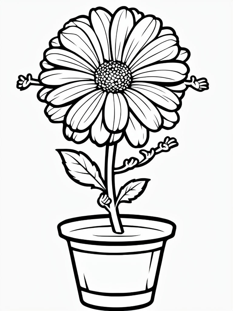 Joyful Dancing Flower in Pot Line Art Coloring Page