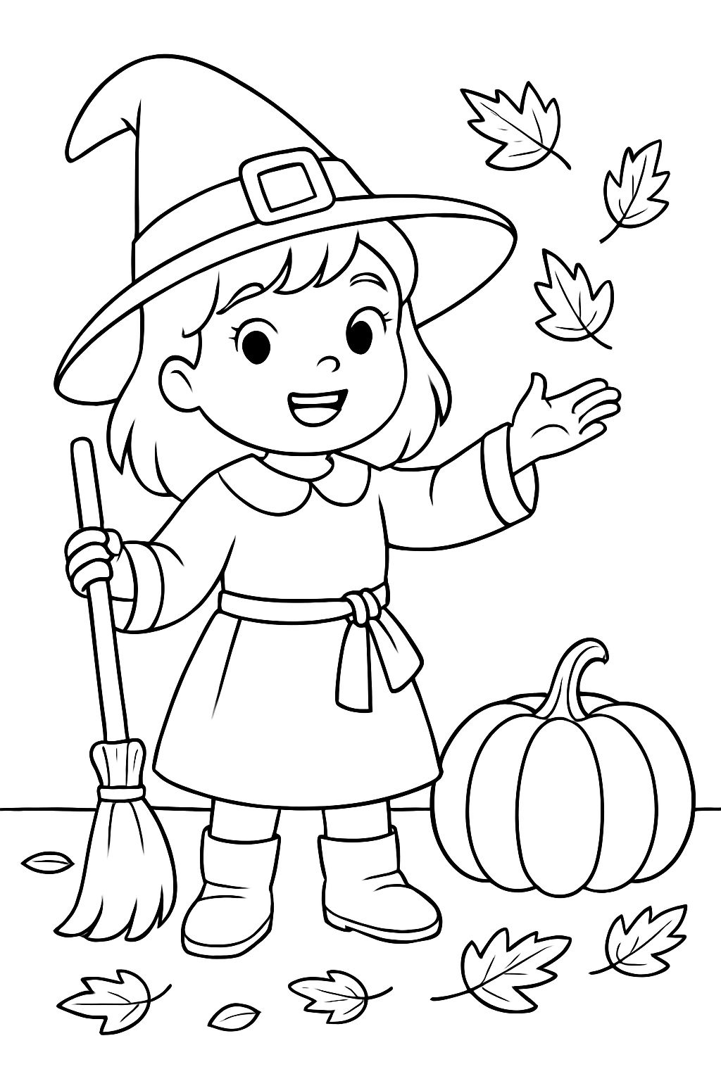 Charming Young Witch with Pumpkin and Leaves Line Drawing Coloring Book Pages