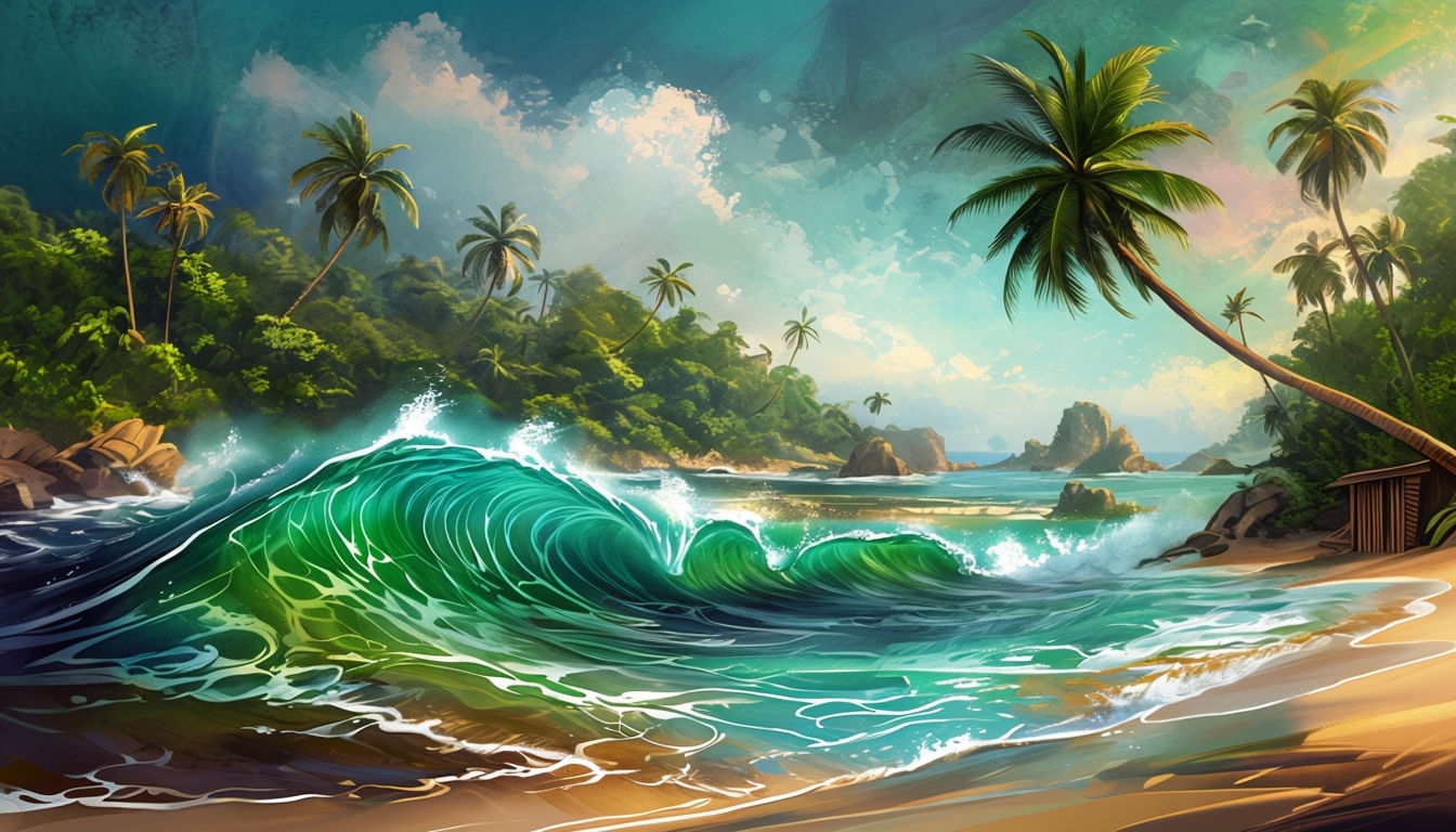 Vivid Tropical Beach Scene with Powerful Waves Art