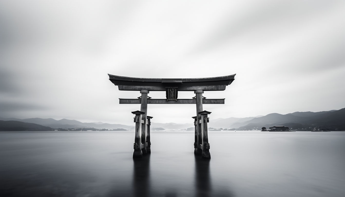 Serene Minimalist Black and White Torii Gate Photograph Virtual Backgrounds