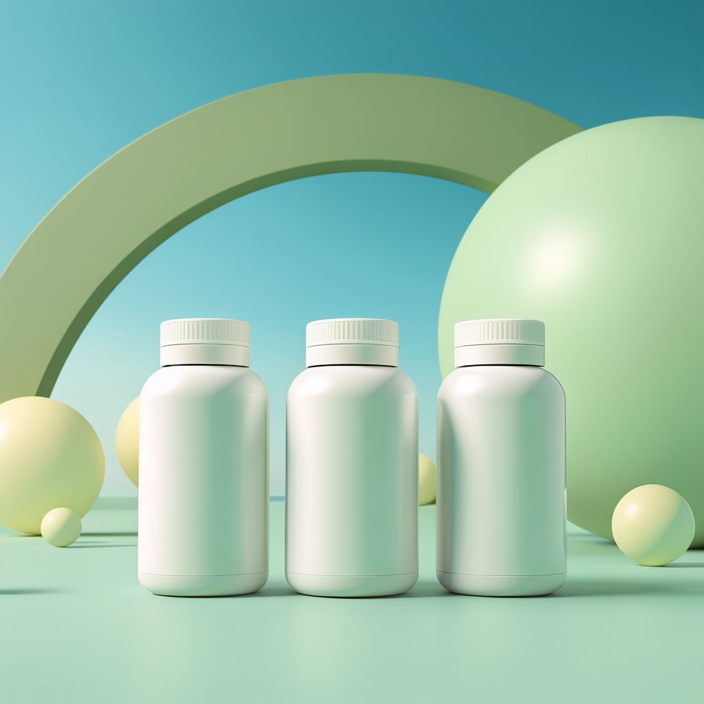 Minimalist 3D Rendering of Sleek White Pill Bottles Mockup