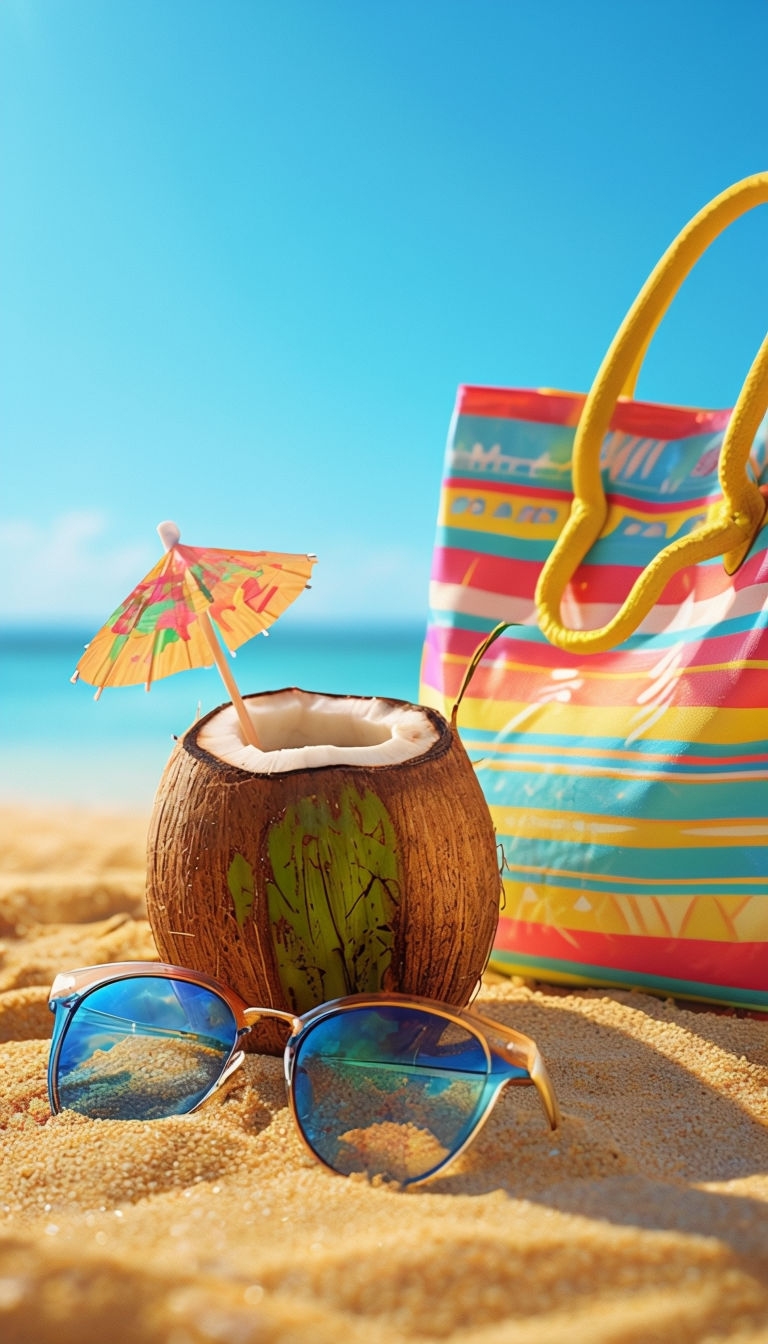 Tropical Beach Essentials with Coconut and Sunglasses Mobile Wallpaper