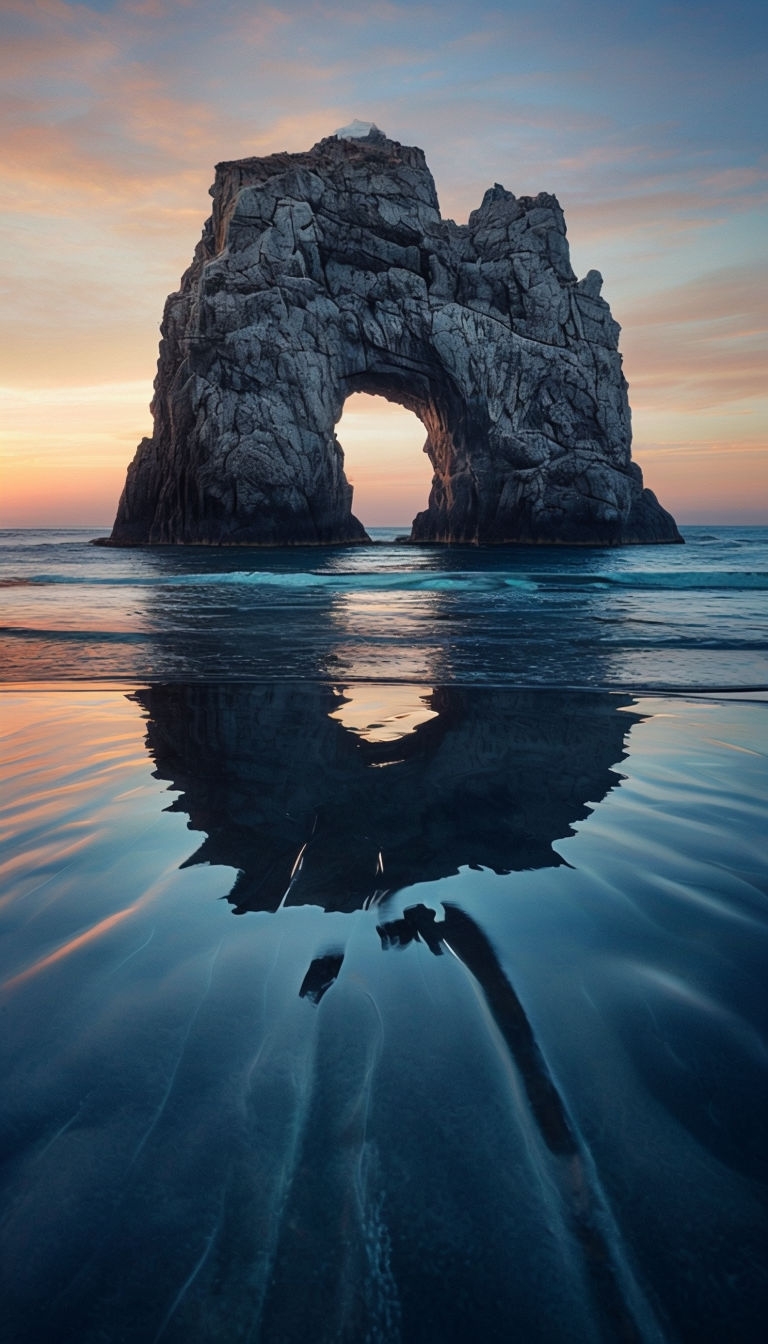 Majestic Rock Arch Reflection in Serene Ocean Sunset Mobile Wallpaper