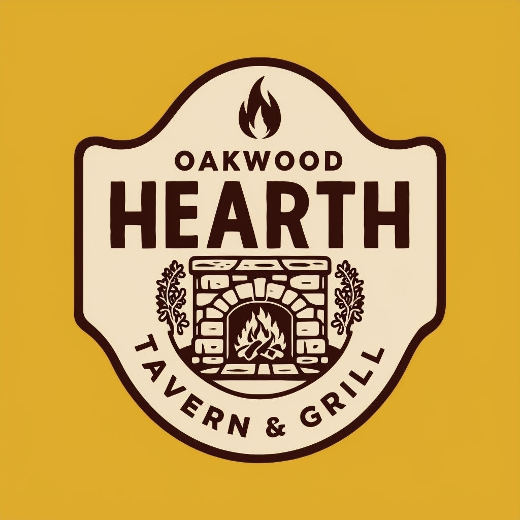 Vintage Oakwood Hearth Tavern Grill Logo Design on Yellow Background