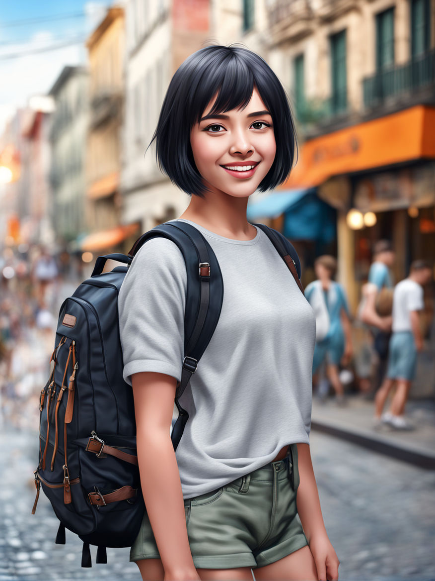 anime chica feliz modelando sus piernas en la ciudad con una playa y  pantalón