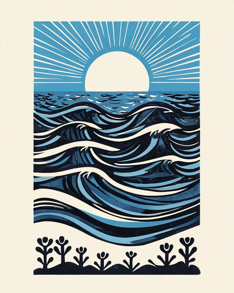 Serene Coastal Sunrise Block Print Illustration Poster
